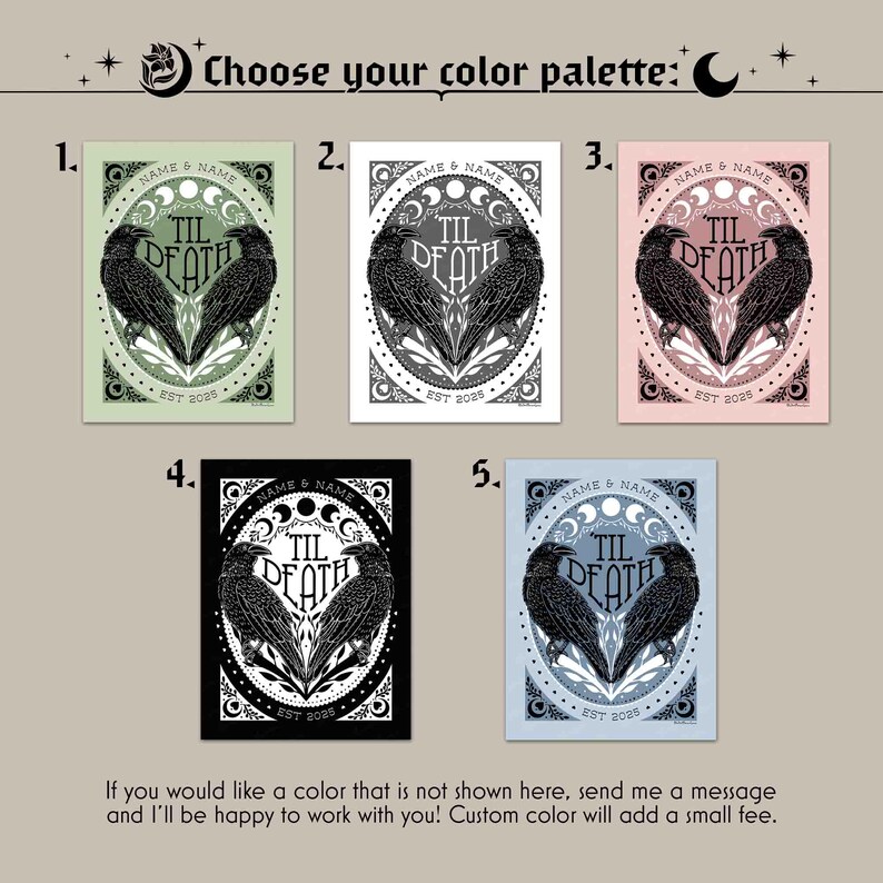 Choose your color palette: 1. Light green background with darker green, white and black details. 2. White background with grey, white and black details. 3. Light pink background with darker pink, white & black details. 4. Black background, white and black details. 5. Light blue background with darker, dusty blue, white and black details.