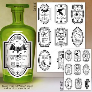 Apothecary label sticker sheet set of 8, vintage white and black stickers for potion bottles and witch decor