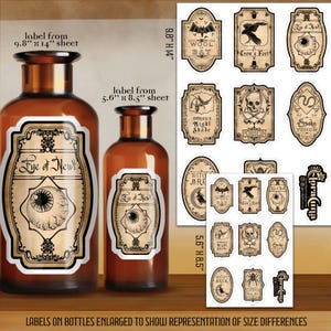 Apothecary label sticker sheet set of 8, vintage antique stickers for potion bottles and witch decor
