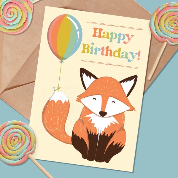 Childrens Birthday Card Printable Fox Birthday Card for Animal Lover Woodland Theme Party Bday Card For First Birthday Cute Animal Gift