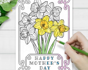 Mothers Day Coloring Card Printable Activity for Kids DIY Mom Gift Daffodil Bouquet