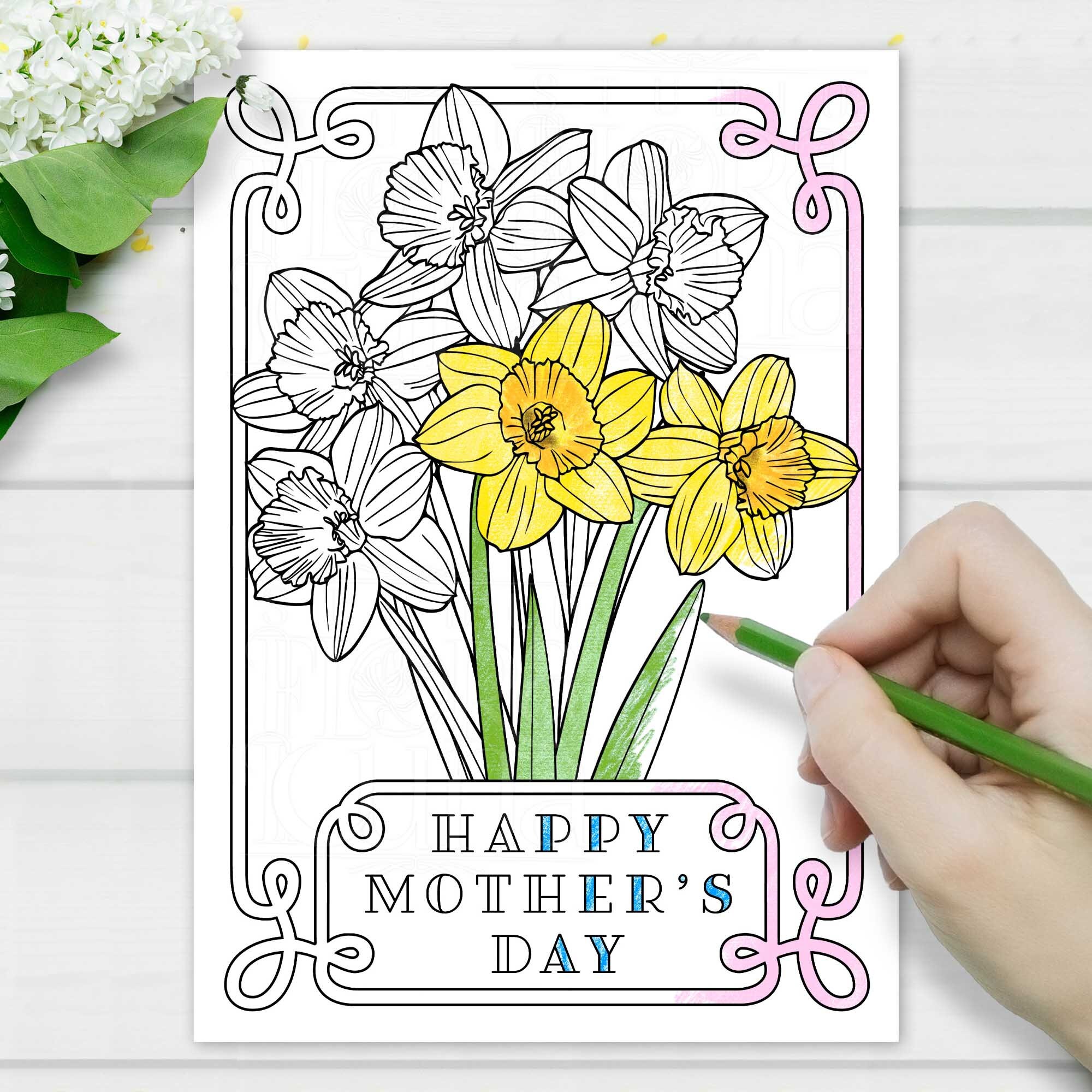 Mothers Day Coloring Card Printable Activity for Kids DIY Mom Gift ...
