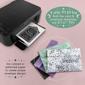 Easy to print: both the card and envelope templates are 8.5x11 PDFs. Use colored/patterned paper to create fun envelope designs! This photo shows the card being printed and a selection of envelopes printed on colored and patterned paper for inspo