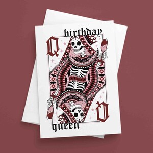 Tarjeta de cumpleaños de reina esqueleto gótica rosa, imprimible, descarga digital de 5x7 pulgadas.