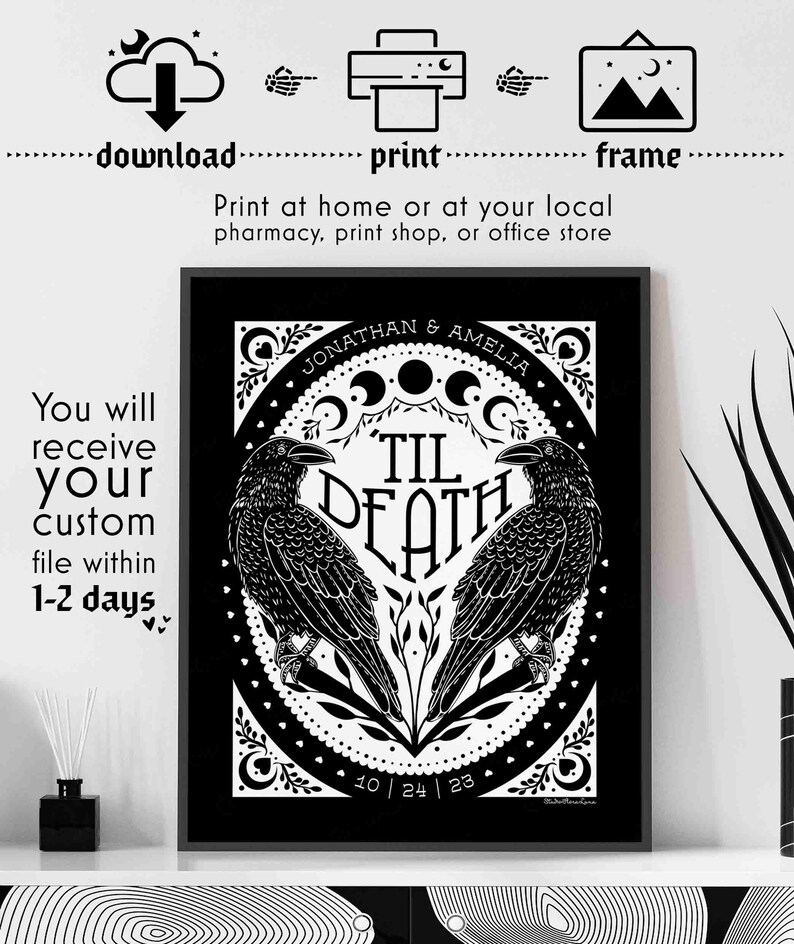 This photo has download then print then frame icons at the top with the text, "print at home or at your local pharmacy, print shop, or office store." The text in the middle left of the image reads, "You will receive your file within 1-2 days." The art shows black and white art with two ravens with the text "til death" in the center with moon phases and hearts and the couple's names at the top and their anniversary date at the bottom.