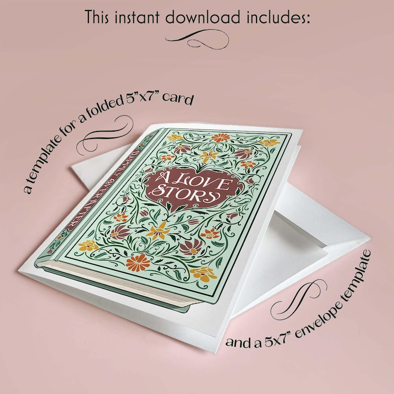 Printable Literary Wedding Card 5x7 With Envelope, Botanical Book Cover ...