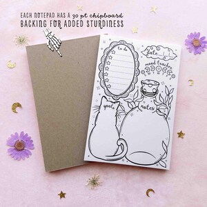 This photo shows the front and back of the notepad with the text, this notepad has 30 point chipboard backing for added sturdiness.