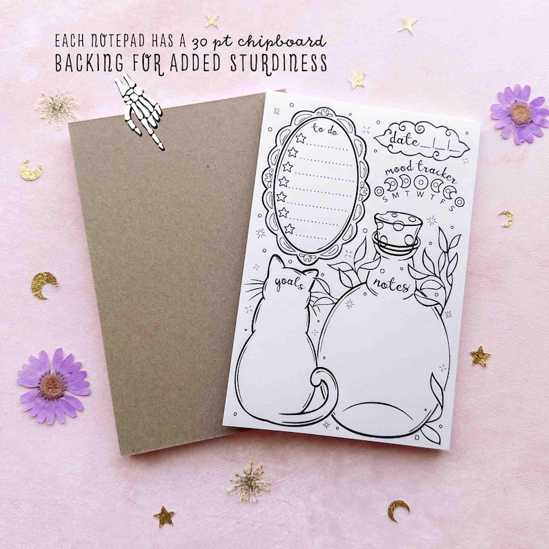 This photo shows the front and back of the notepad with the text, this notepad has 30 point chipboard backing for added sturdiness.
