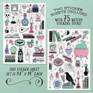 This photo shows two 9.8 by 14 inch sticker sheets and has the text, Two sticker sheets included with 75 witchy stickers total.