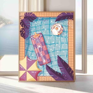 This photo shows a vertical printable artwork of an overhead view of a swimming pool with orange tiles, purple tropical plants in the corners of the image with a yellow and lighter purple striped umbrella, and a skeleton and ghost in the pool on a pink and purple checkered float and yellow and purple inner tube. The ghost is enjoying a pumpkin “juice” with a straw, as opposed to a coconut and the skeleton has a witch hat over its face while it relaxes on the pool float.