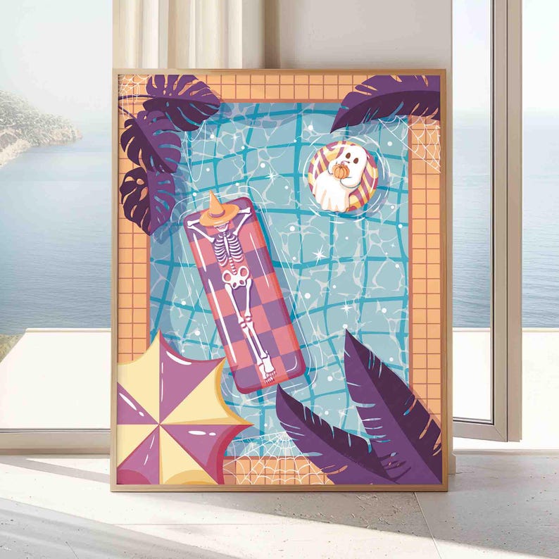 This photo shows a vertical printable artwork of an overhead view of a swimming pool with orange tiles, purple tropical plants in the corners of the image with a yellow and lighter purple striped umbrella, and a skeleton and ghost in the pool on a pink and purple checkered float and yellow and purple inner tube. The ghost is enjoying a pumpkin “juice” with a straw, as opposed to a coconut and the skeleton has a witch hat over its face while it relaxes on the pool float.