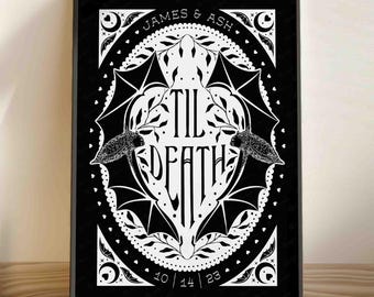 Til Death Custom Couple Art Printable Bat Decor Personalized Anniversary Date Gift for Partner Pastel Goth Wedding Romantic Gothic Wall Art