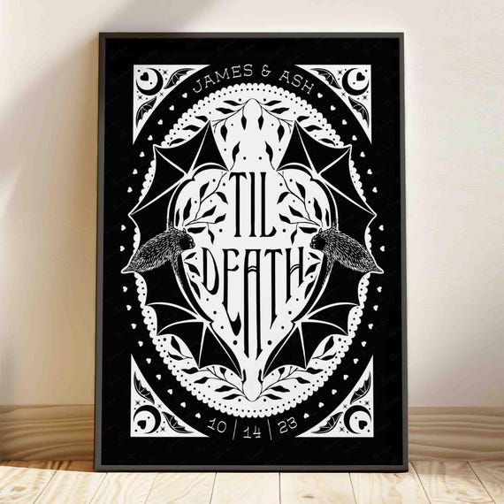 Til Death Custom Couple Art Printable Bat Decor Personalized Anniversary Date Gift for Partner Pastel Goth Wedding Romantic Gothic Wall Art