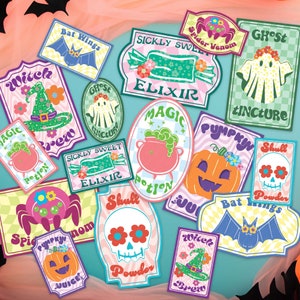 May include: A set of 14 colourful Halloween themed stickers with various designs, including a witch's brew, a ghost, a pumpkin, a skull, and a bat. The stickers are decorated with flowers, polka dots, and other whimsical details.