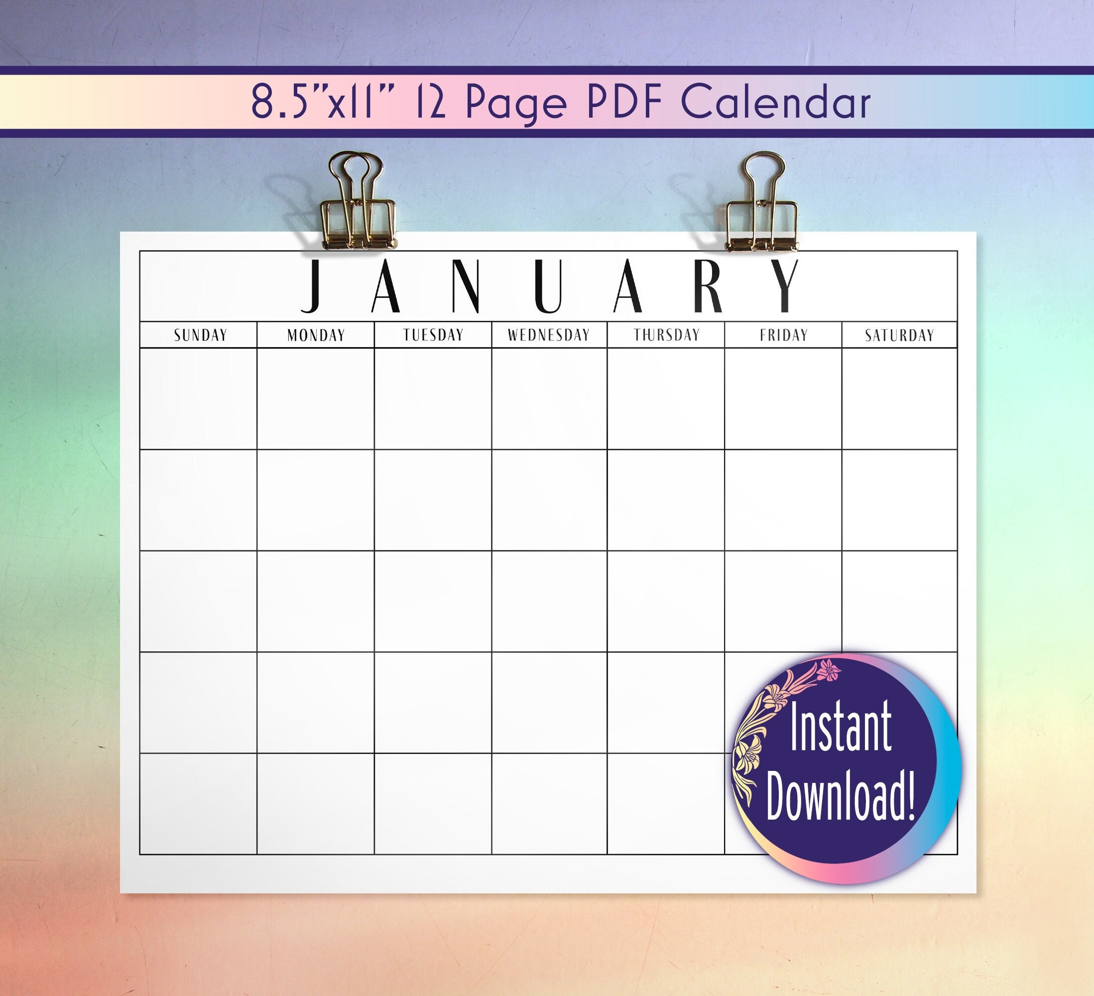 Printable Monthly Calendar Template - Etsy