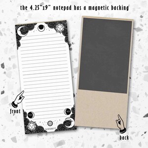This photo shows the 4.25 by 9 inch notepad’s front and back and has the text saying the back is magnetic