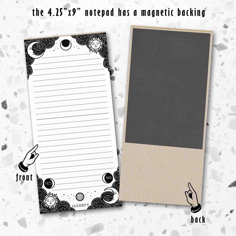 This photo shows the 4.25 by 9 inch notepad’s front and back and has the text saying the back is magnetic