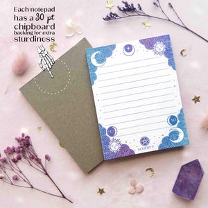 This photo shows the front and back of the notepad with the text, each notepad has a 30 point chipboard backing for added sturdiness.