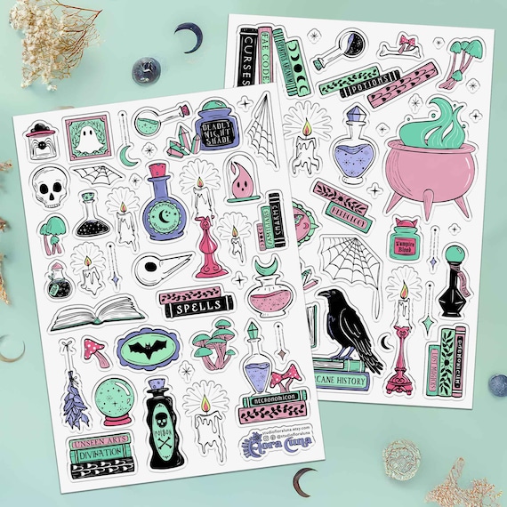 Witchy Sticker Sheet Bundle Magical Pastel Goth Vinyl Stickers For Junk Journal, Laptop, Scrapbook, Creepy Cute Spooky Witchcraft Stickers