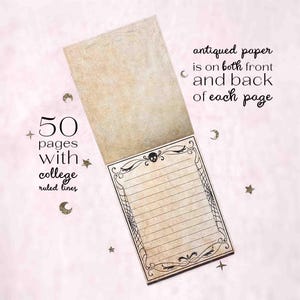 This photo shows the notepad with one page flipped up to show the underside of the page. The photo has the text, the antiqued paper design is double sided so it is on both the front and back of each page. This notepad has 50 pages with college ruled lines.