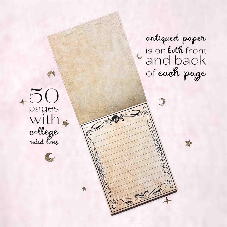 This photo shows the notepad with one page flipped up to show the underside of the page. The photo has the text, the antiqued paper design is double sided so it is on both the front and back of each page. This notepad has 50 pages with college ruled lines.