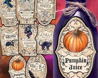 May include: A set of ten printable Halloween potion bottle labels with various spooky themes, including raven feathers, pickled tentacles, bone powder, widow venom, mermaid tears, black cat whiskers, and pumpkin juice. The labels are in a vintage style with ornate borders and illustrations.