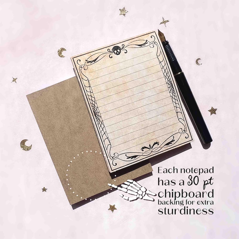 This photo is an overhead shot of two notepads, one facing up and the other showing the back. The photo has the text, Each notepad has a 30pt chipboard backing for added sturdiness.