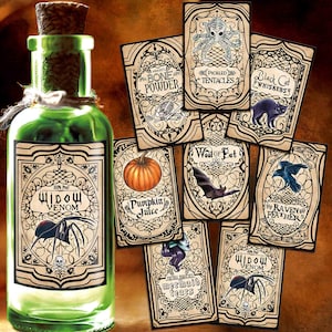 Étiquettes de bouteilles de potion, étiquettes d'apothicaire imprimables, autocollants de potion, décoration d'halloween, accessoires de design d'intérieur gothique