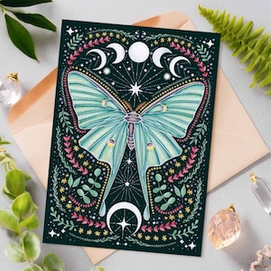 Luna nachtvlinder alledaagse kaart bos heks cadeau Luna nachtvlinder illustratie egel cadeau voor Goth bloemen verjaardagskaart hekserij cadeau maan nachtvlinder kaart
