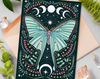 Luna Moth Everyday Card Forest Witch Gift Luna Moth Illustration Hedgewitch Gift for Goth Floral Birthday Card Witchy Gift Moon Moth Card