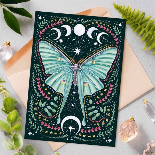 Luna Moth Everyday Card Forest Witch Gift Luna Moth Illustration Hedgewitch Gift for Goth Floral Birthday Card Witchy Gift Moon Moth Card