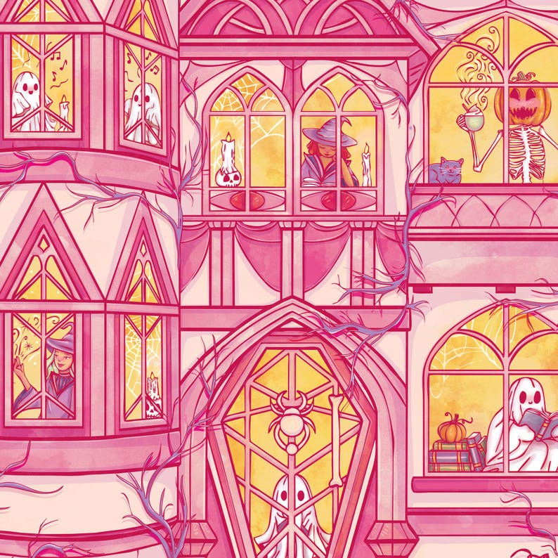 Close up of the cute characters inside the haunted house