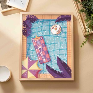This photo shows a vertical printable artwork of an overhead view of a swimming pool with orange tiles, purple tropical plants in the corners of the image with a yellow and lighter purple striped umbrella, and a skeleton and ghost in the pool on a pink and purple checkered float and yellow and purple inner tube. The ghost is enjoying a pumpkin “juice” with a straw, as opposed to a coconut and the skeleton has a witch hat over its face while it relaxes on the pool float.