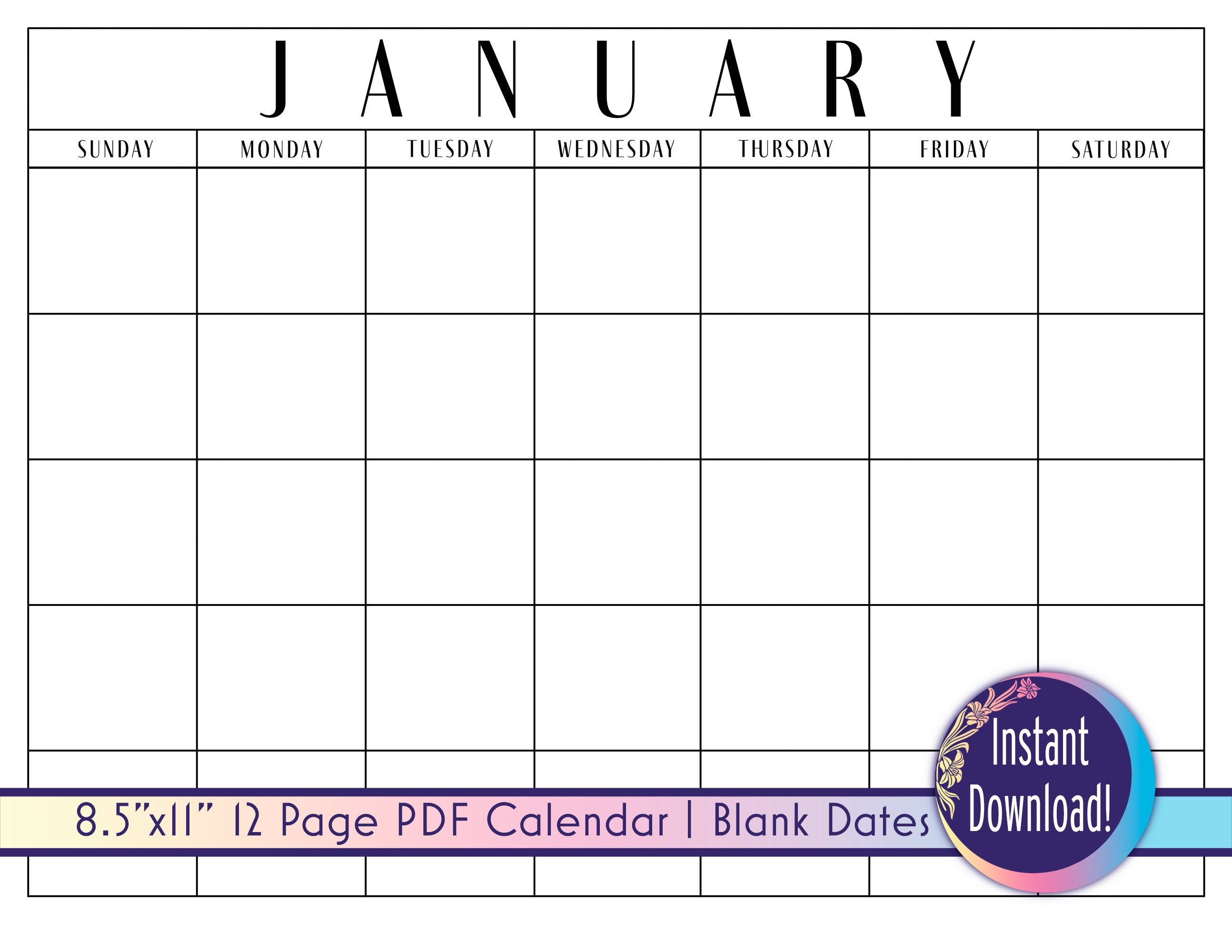 Printable Monthly Calendar Template Etsy Printable Monthly Calendar Template Etsy