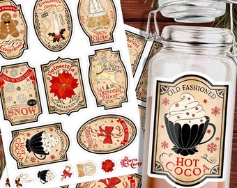 Vinyl Christmas Label Vintage Holiday Sticker Sheet Old Fashioned Ephemera Retro Xmas Junk Journal Tag Hot Cocoa Jar Sign Gingerbread Bakery