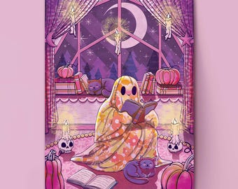 Cute Ghost Reading Matte Print Unframed Pastel Goth Halloween Decor Bookish Kawaii Poster Book Lover Gift Spooky Season Whimsigoth Wall Art