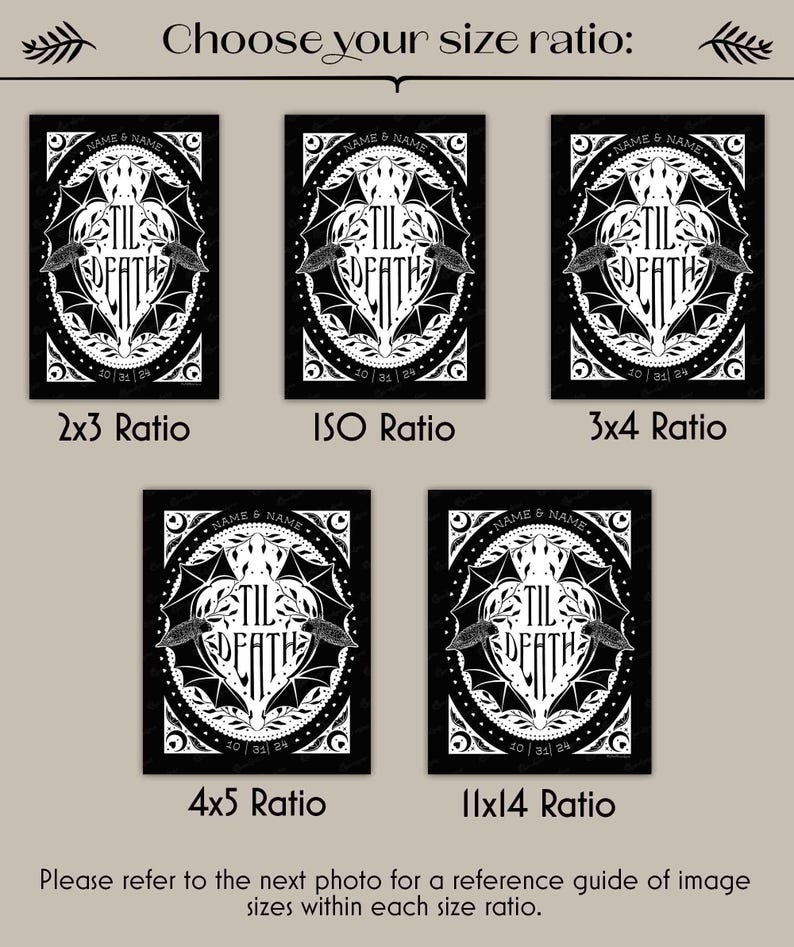 Choose the size ratio you would like based on the frame size you are planning on using. Refer to photo after this for image sizes for each ratio.