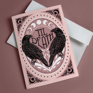 Druckbare Pastel Gothic Valentinskarte 15x18 mit Umschlagvorlage Bis zum Tod Liebeskarte Gruselige süße rosa Raben-Karte zum Jahrestag oder zur Hochzeit