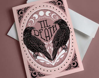 Printable Pastel Gothic Valentine Card 5x7 With Envelope Template Til Death Love Card Creepy Cute Pink Raven Card for Anniversary or Wedding