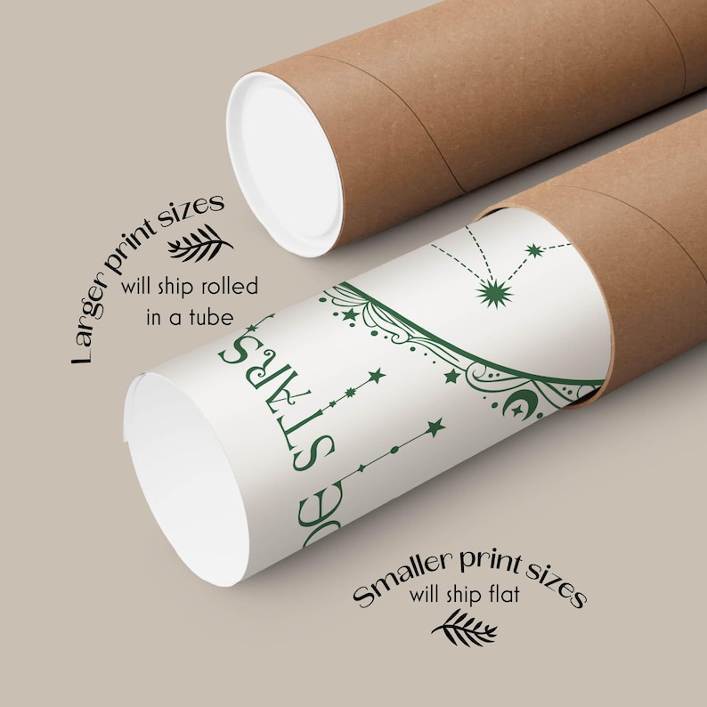 May include: A white poster tube with a green and white design. The text on the tube reads "Of Stars" and "Larger print sizes will ship rolled in a tube". The text on the other side of the tube reads "Smaller print sizes will ship flat".