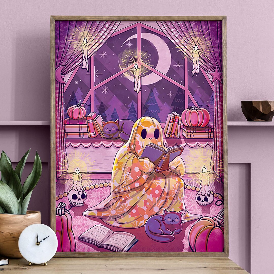 Cute Ghost Reading Print Pastel Goth Halloween Decor Bookish Kawaii ...