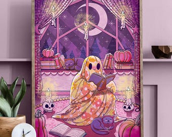 Cute Ghost Reading Print Pastel Goth Halloween Decor Bookish Kawaii Poster Book Lover Gift Spooky Season Whimsigoth Wall Art Light Academia