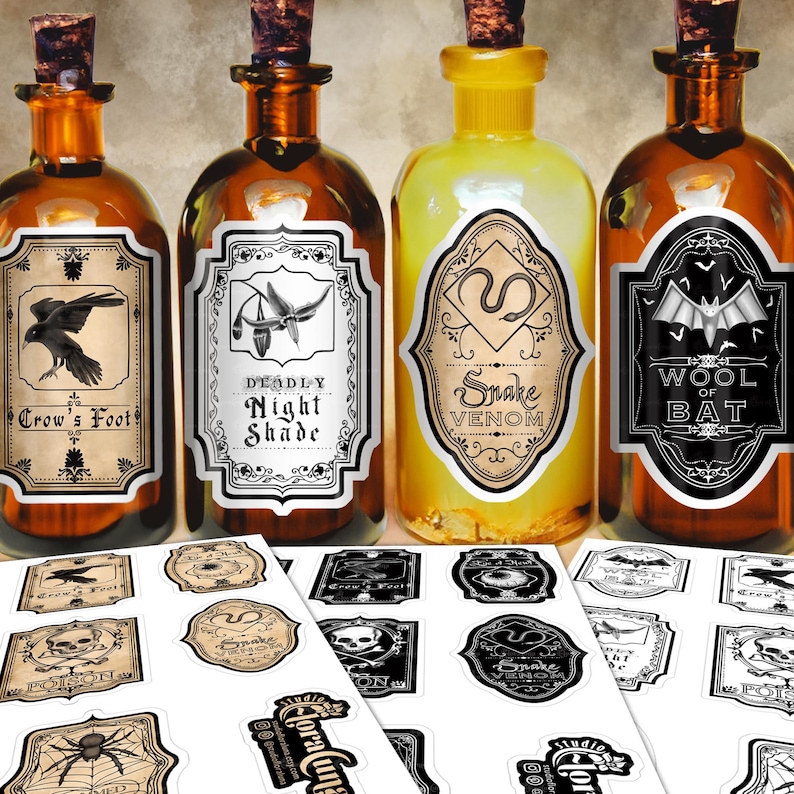 Set of 8 apothecary labels available in 2 sticker sheet sizes and 3 color options (antique, white and black and invert black and white). Witch’s brew, snake venom, wool of bat, crow’s foot, deadly night shade, poison, spider hair, eye of newt.
