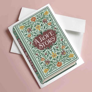 Druckbare literarische Hochzeitskarte 13x18 mit Umschlag, botanische Bucheinbandkarte Bookish Valentinstag Jahrestag Liebeskarte für Buchliebhaber