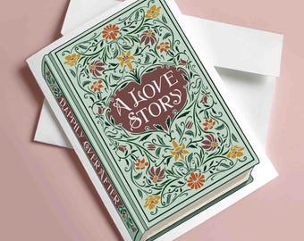 Printable Literary Wedding Card 5x7 With Envelope, Botanical Book Cover Card Bookish Valentine’s Day Anniversary Love Card for Book Lovers