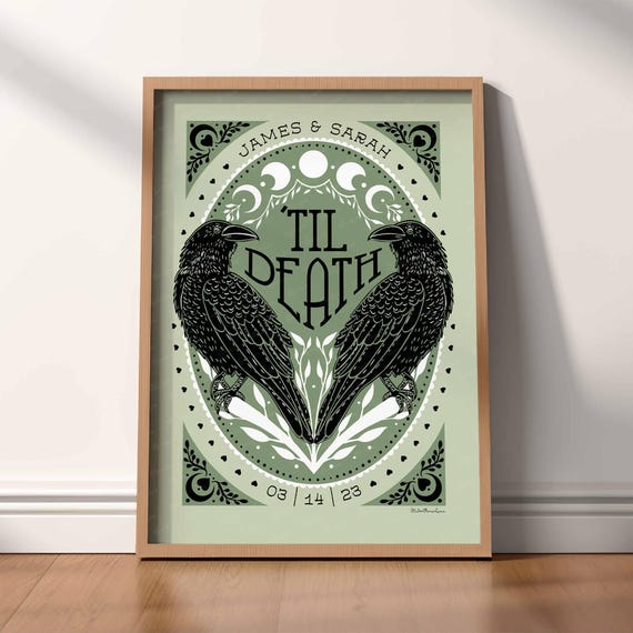 Custom Gothic Couple Unframed Matte Print Personalized Anniversary Date Til Death Do Us Part Pastel Goth Raven Art Wedding Gift Crow Decor