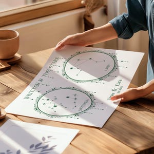 This art features the couple’s star sign constellations with their names, anniversary year, and astrological names. Each constellation is framed by a round border with celestial motifs. “Written in the stars” is at the top of image with stars hanging