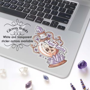 This photo shows a transparent sticker on a laptop with the text: “Glossy finish sticker; white and transparent options available.”