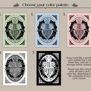 Choose your color palette 1. Light green background with darker green, white and black details. 2. Light blue background with darker, dusty blue and white and black details. 3. Light pink background with darker pink, white and black details. 4. White background with grey, white and black details. 5. Black background with white and black details.