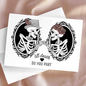 Gotische bruiloft gefeliciteerd kaart afdrukbare tot de dood skelet paar cameo Gefeliciteerd voor alternatief paar Goth bruid en bruidegom huwelijk